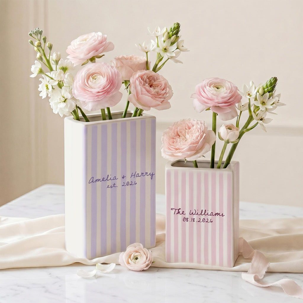 Personalized Striped Couple Name Ceramic Book Vase Engaged Gift, Gift For Bride, Wedding Couple Gift CH07 180094