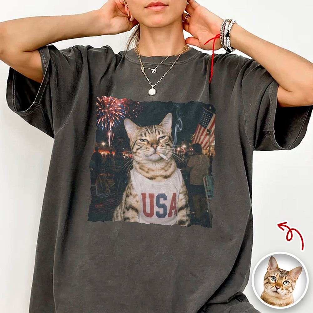 Custom Photo Funny Smoking Cat Comfort Shirt, Vintage 4th of July Gift CH07 911906