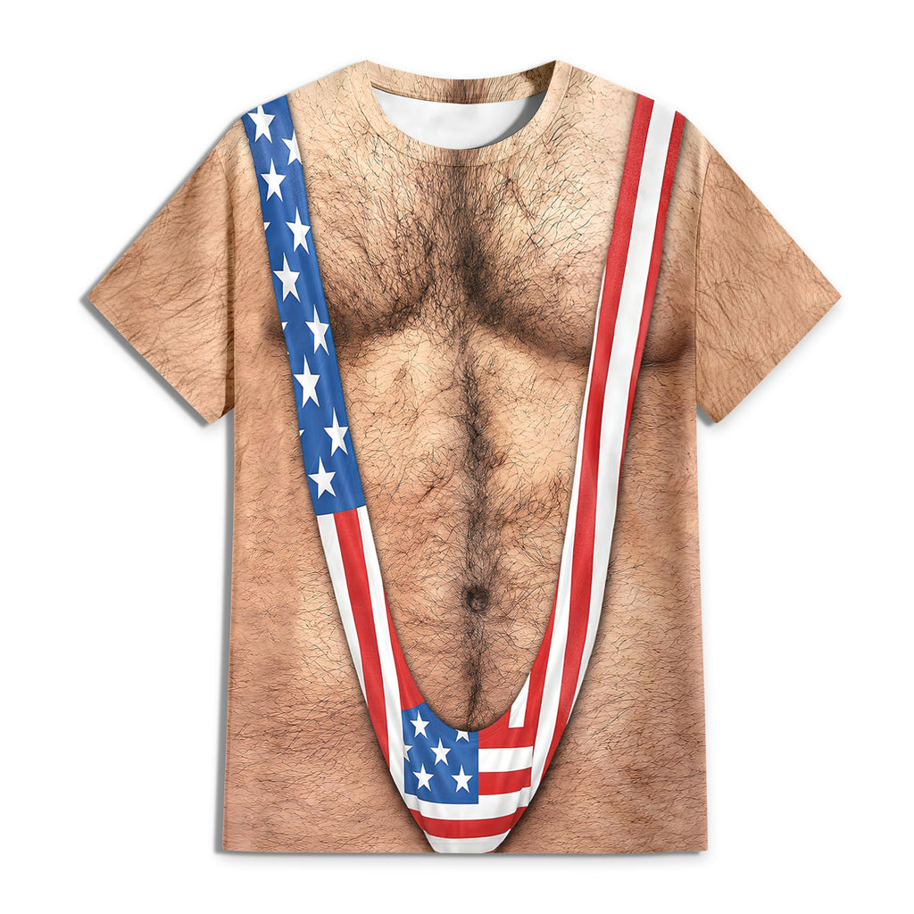 Hairy Body USA Flag Swimsuit 3D Shirt for Men, Funny Patriotic Mankini Tee HA75 921786