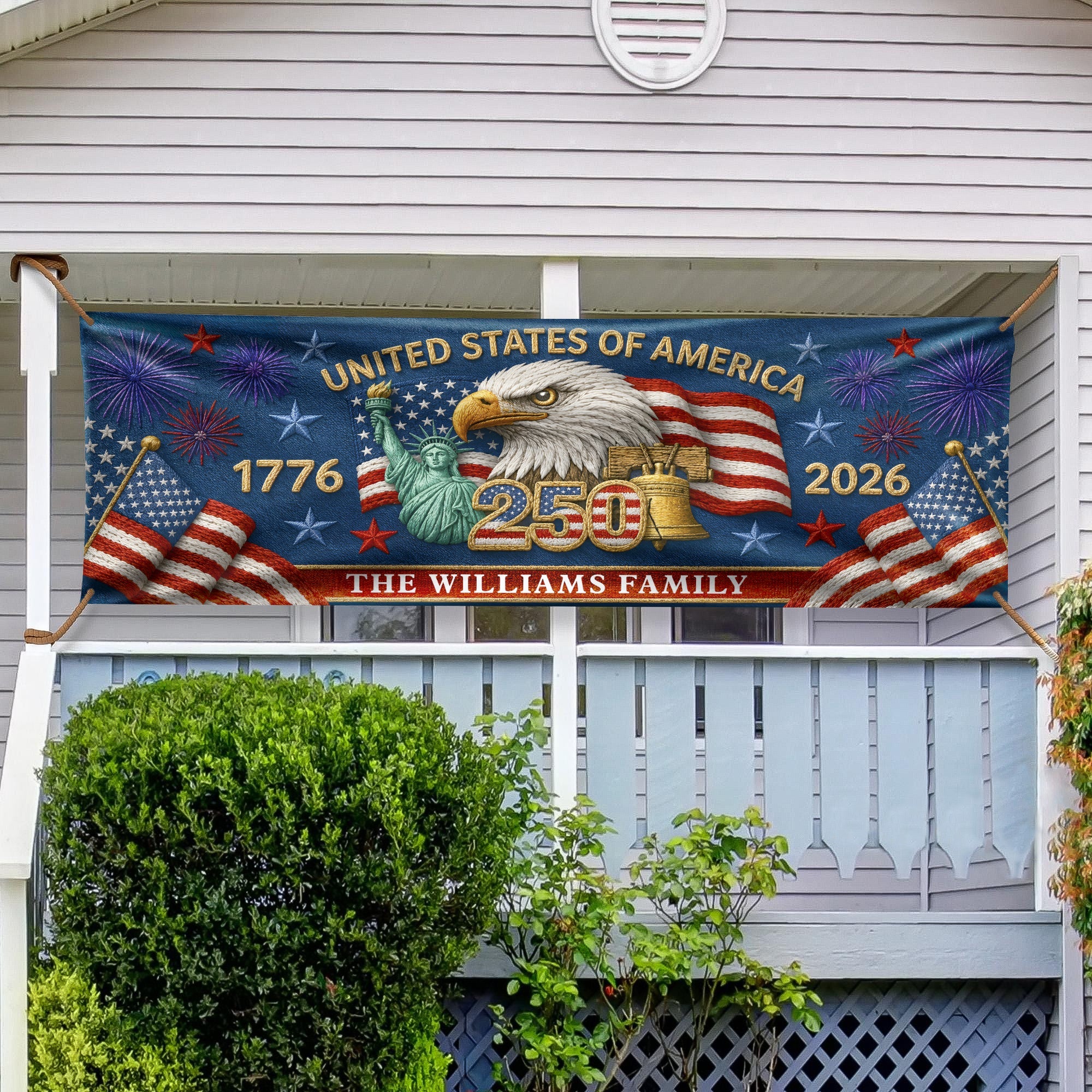 Custom Family Name 250th Birthday America Eagle Embroidered Effect Patriotic Party Banner LM32 669281