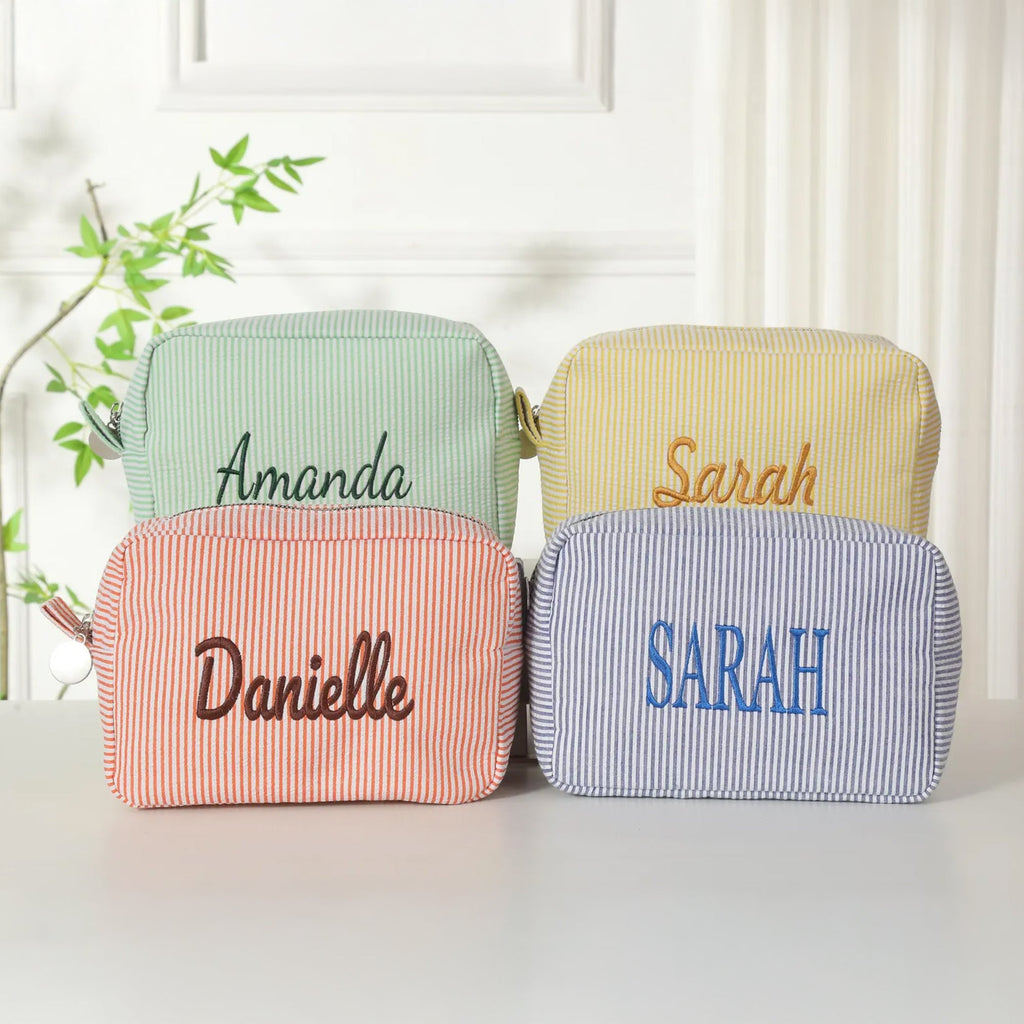 Personalized Name Monogrammed Seersucker Toiletry Bag - Gift For Mom, Girlfriend, Women, Summer Gift HO82 902942