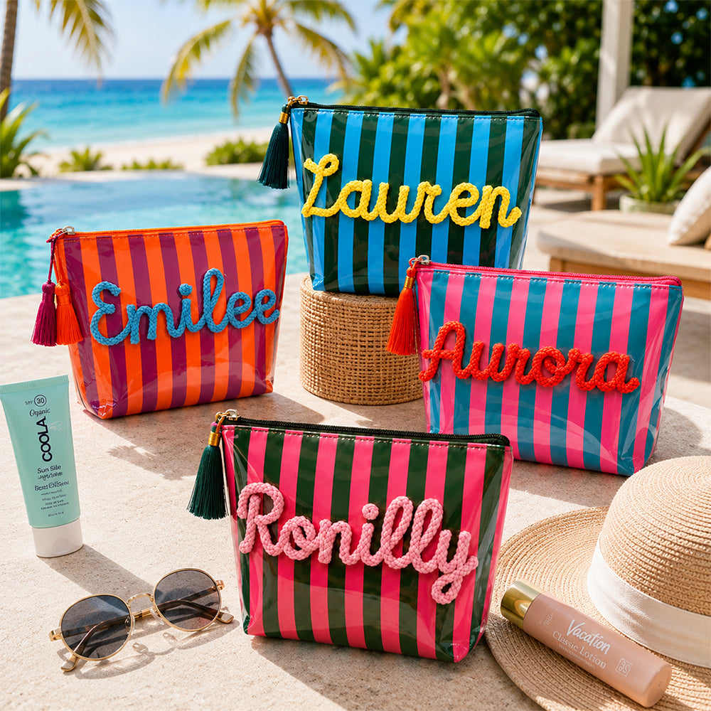 Custom Name Embroidered Waterproof Striped Cosmetic Pouch, Travel Makeup Bag For Summer Vacation CH07 180036