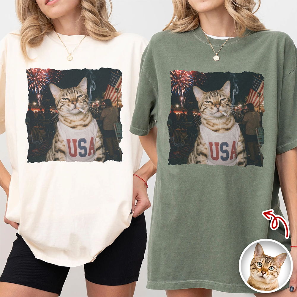 Custom Photo Funny Smoking Cat Comfort Shirt, Vintage 4th of July Gift CH07 911906