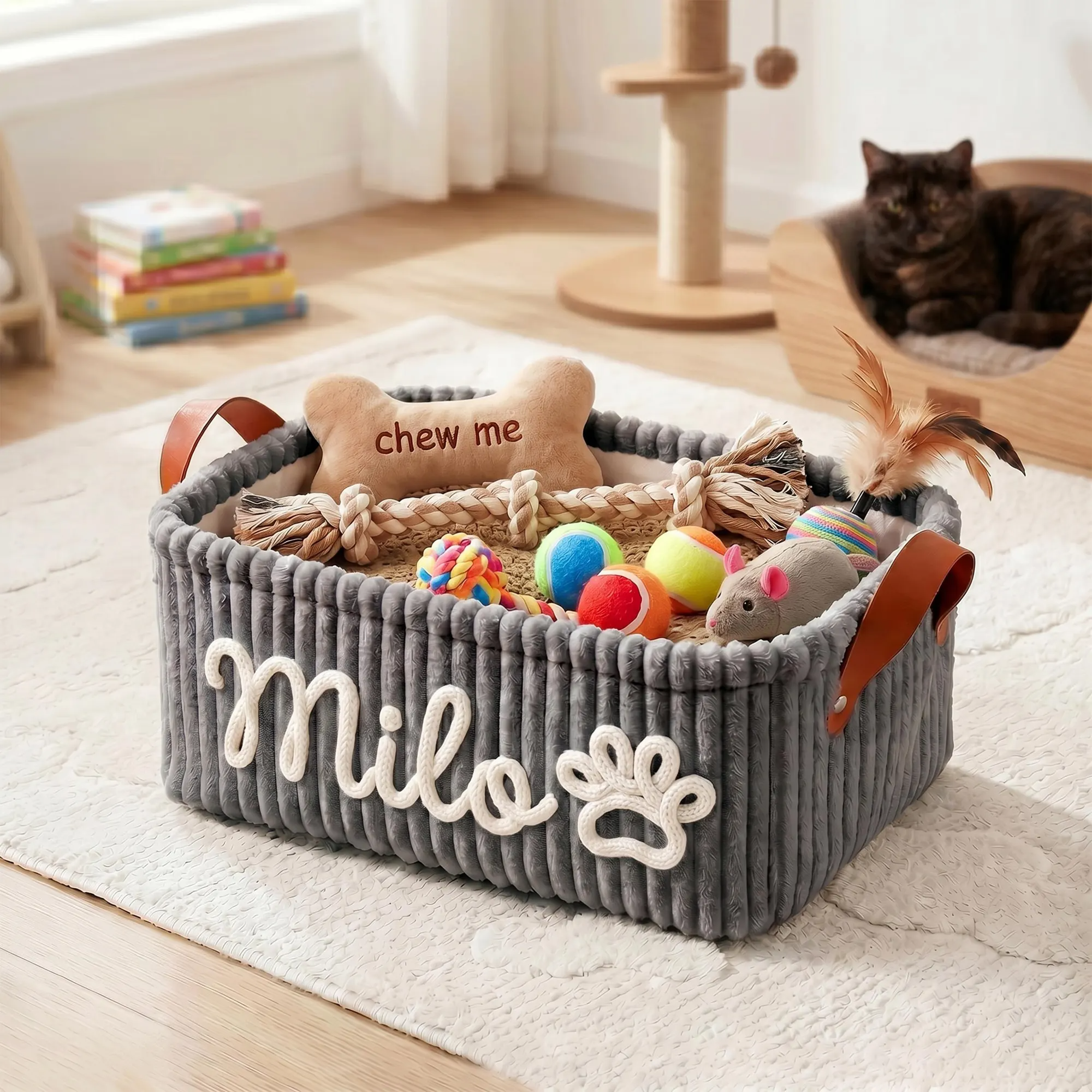 Personalized Dog Cat Pet Rectangle Toy Basket – Corduroy Pet Organizer with Name HA75 921704