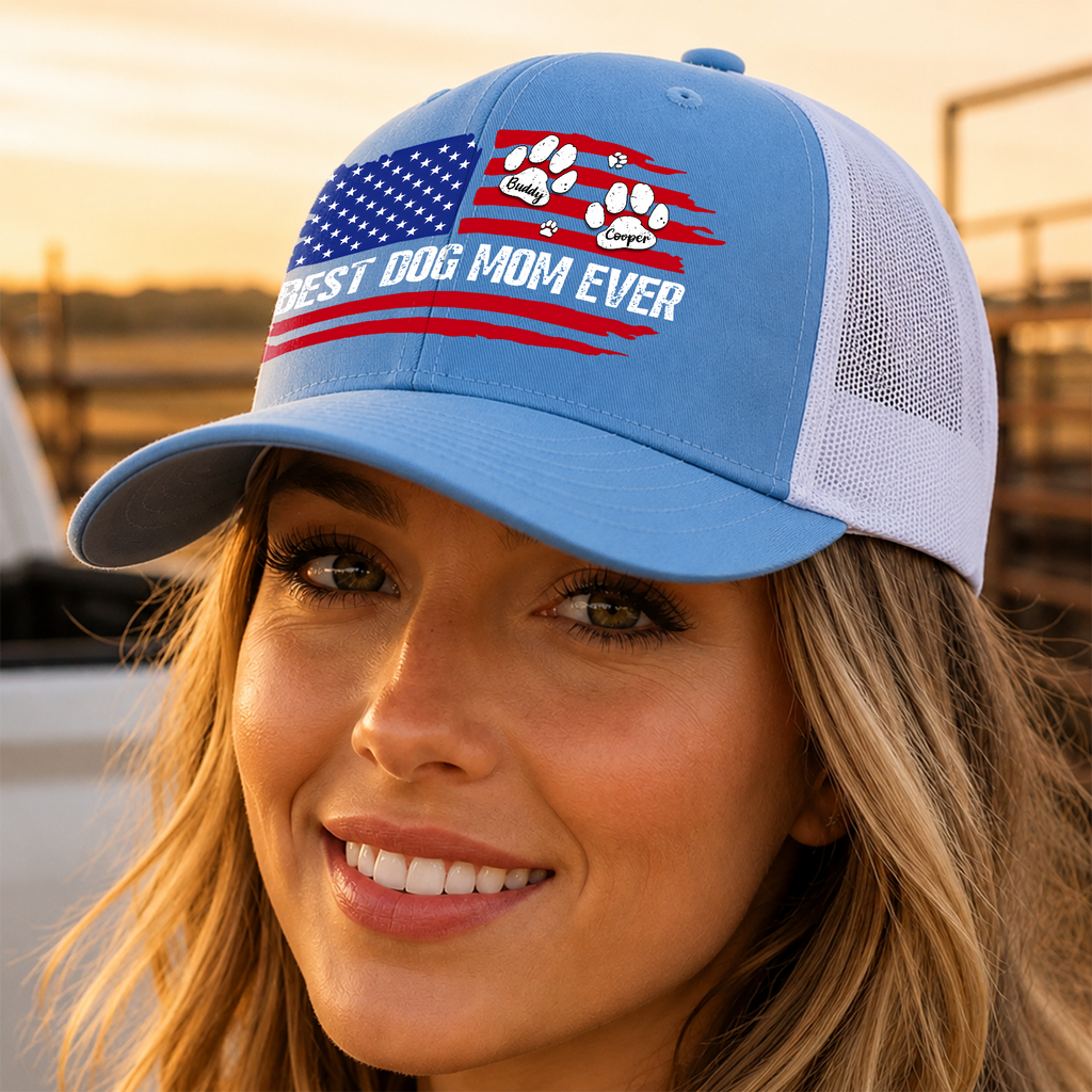 Personalized Best Dog Dad, Dog Mom Ever America Flag Trucker Hat For Dog Lover TH10 170267