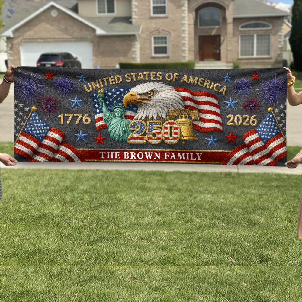 Custom Family Name 250th Birthday America Eagle Embroidered Effect Patriotic Party Banner LM32 669281