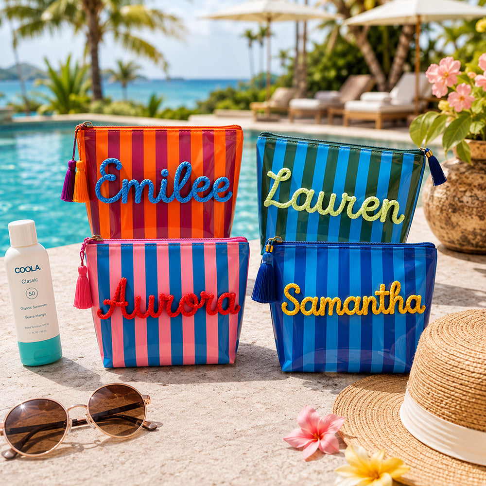Custom Name Embroidered Waterproof Striped Cosmetic Pouch, Travel Makeup Bag For Summer Vacation CH07 180036