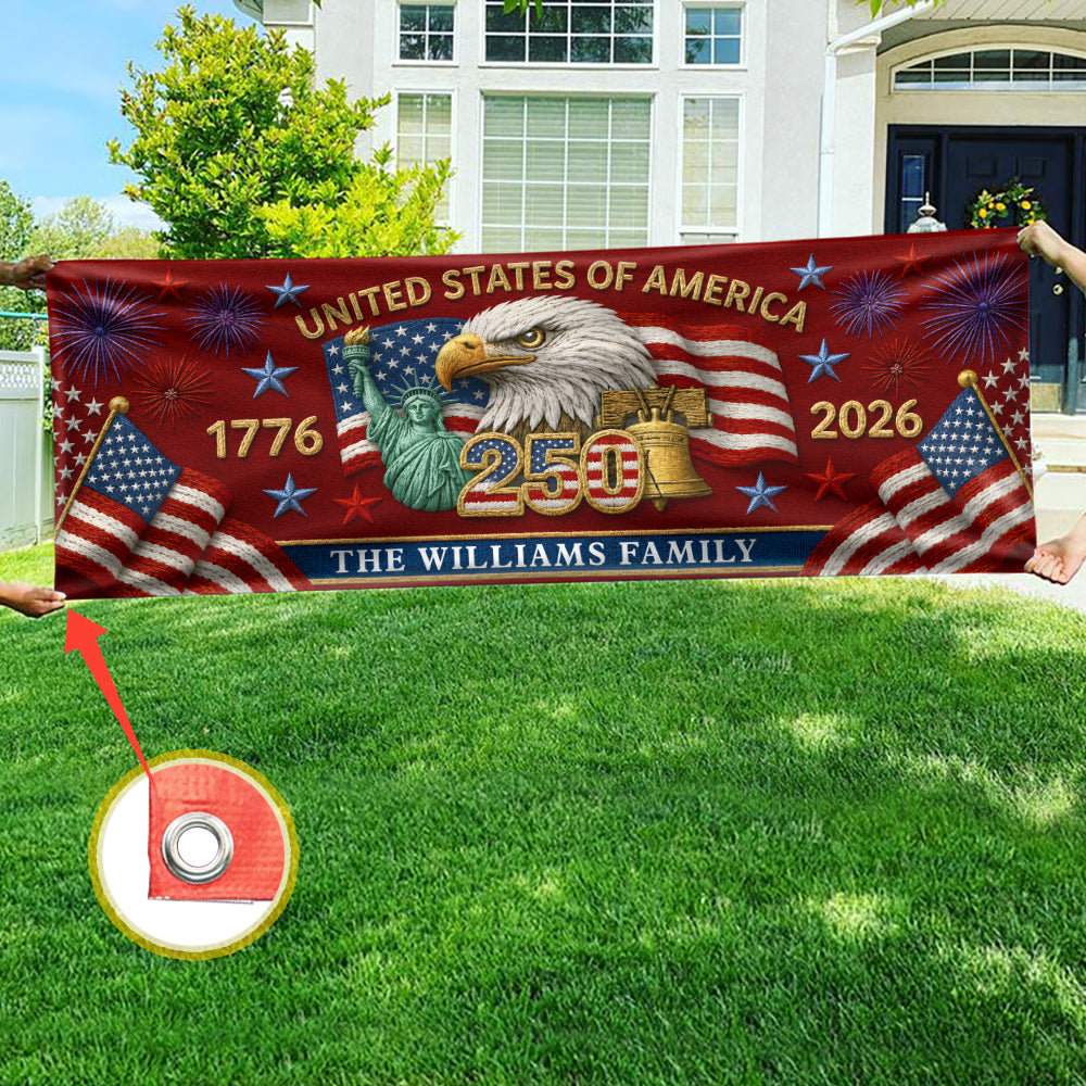 Custom Family Name 250th Birthday America Eagle Embroidered Effect Patriotic Party Banner LM32 669281