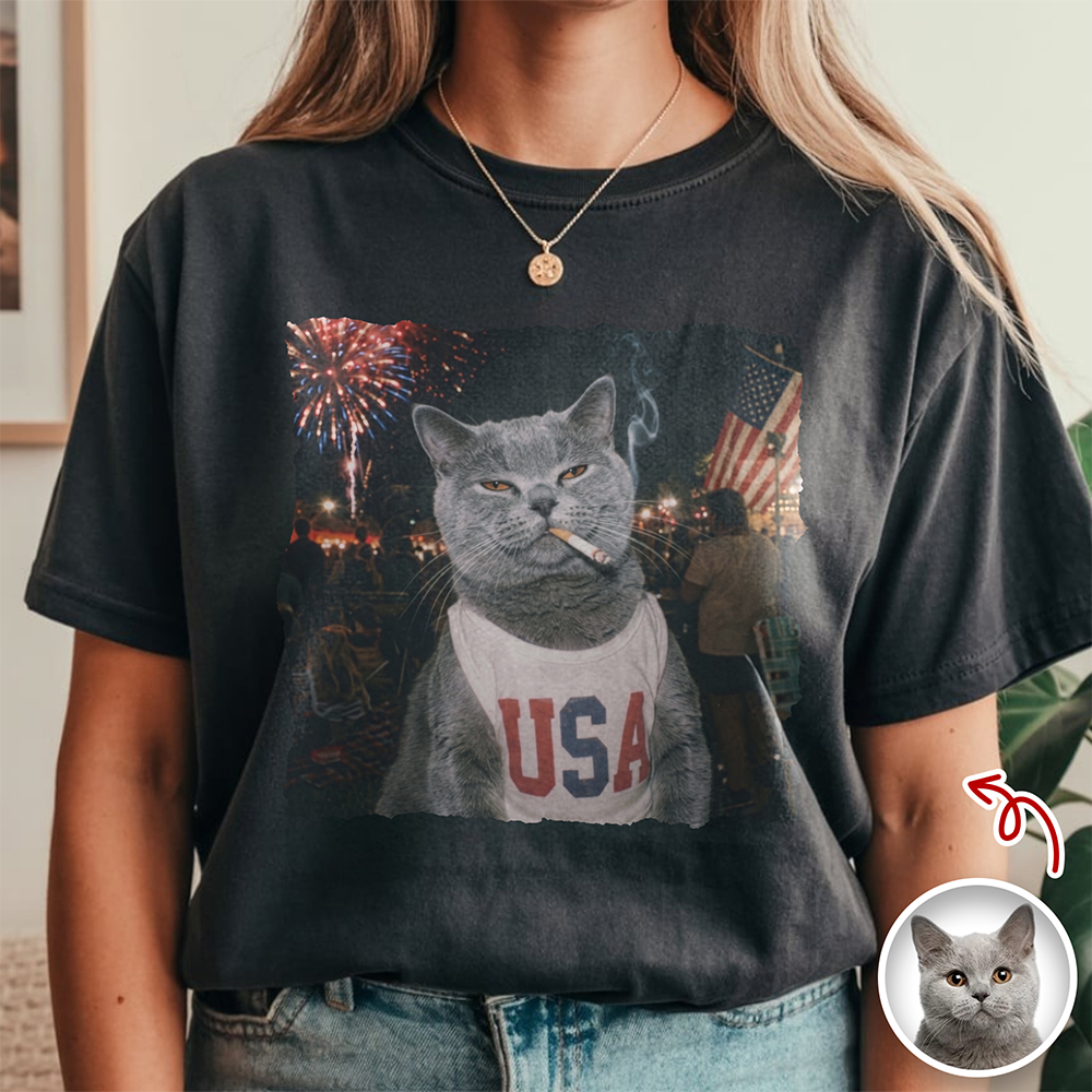 Custom Photo Funny Smoking Cat Comfort Shirt, Vintage 4th of July Gift CH07 911906