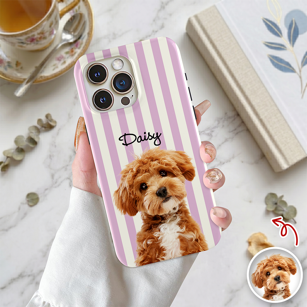 Custom Dog Photo Striped Phone Case – Personalized Gift for Dog Lovers TH10 170395
