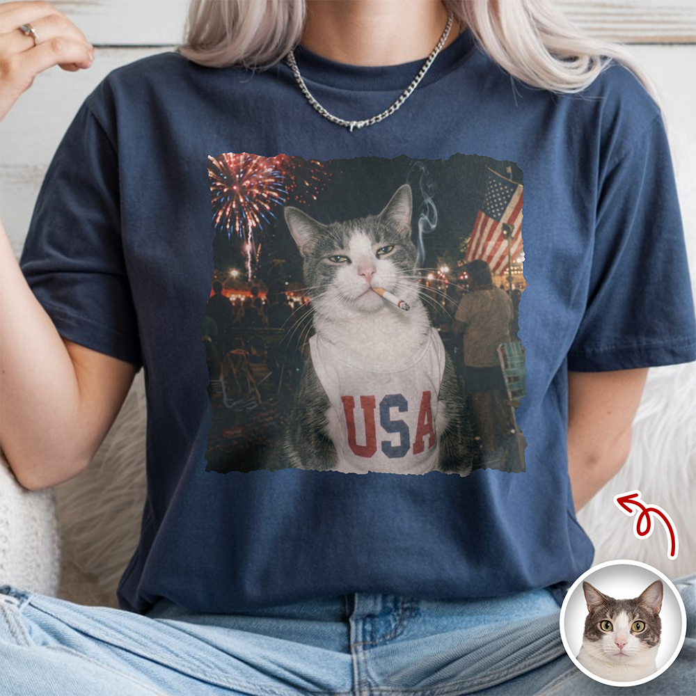 Custom Photo Funny Smoking Cat Comfort Shirt, Vintage 4th of July Gift CH07 911906