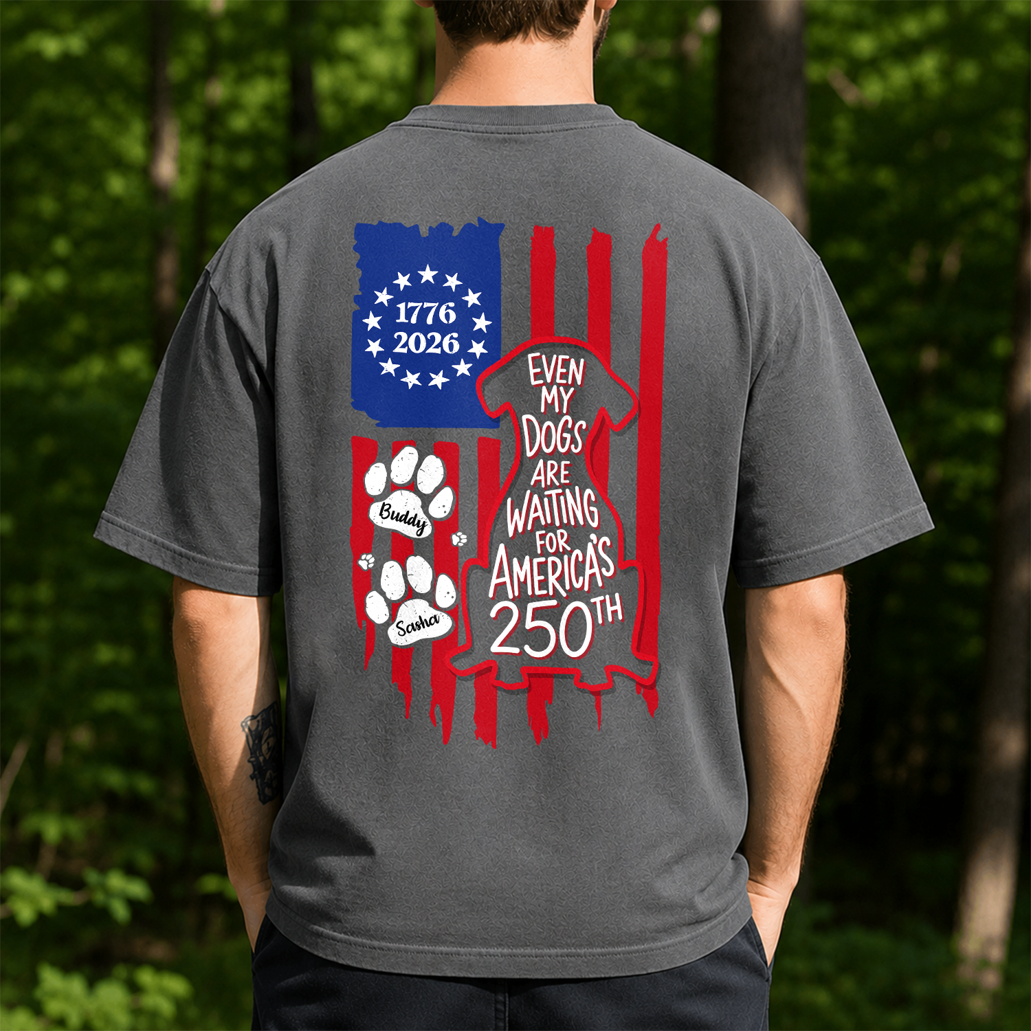 Personalized Even My Dog Is Waiting For America's 250th With US Flag Back Comfort Shirt - Gift For Dog Lovers HO82 902866
