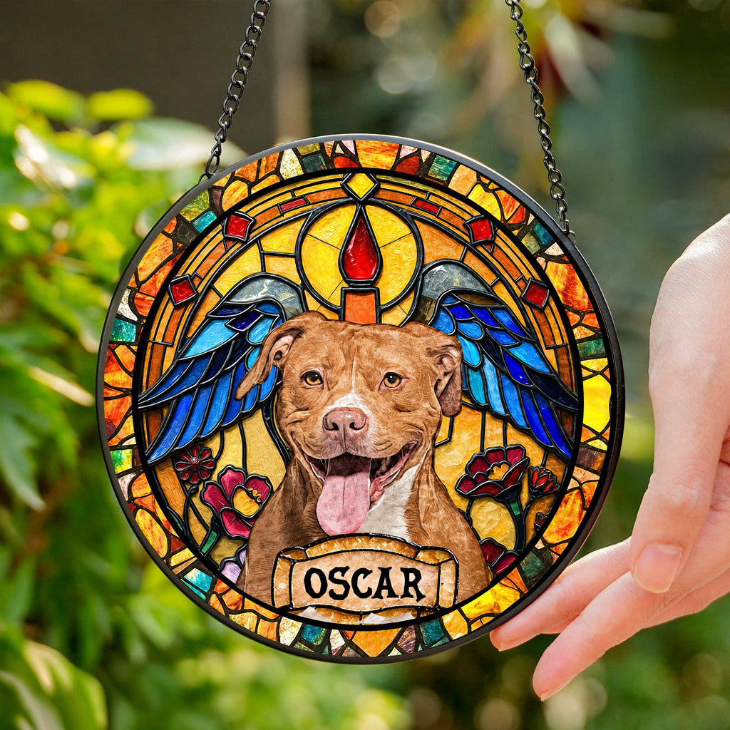 Personalized Dog Portrait Stained Glass Suncatcher, Custom Pet Memorial Stained Glass Photo Suncatcher HO82 903010