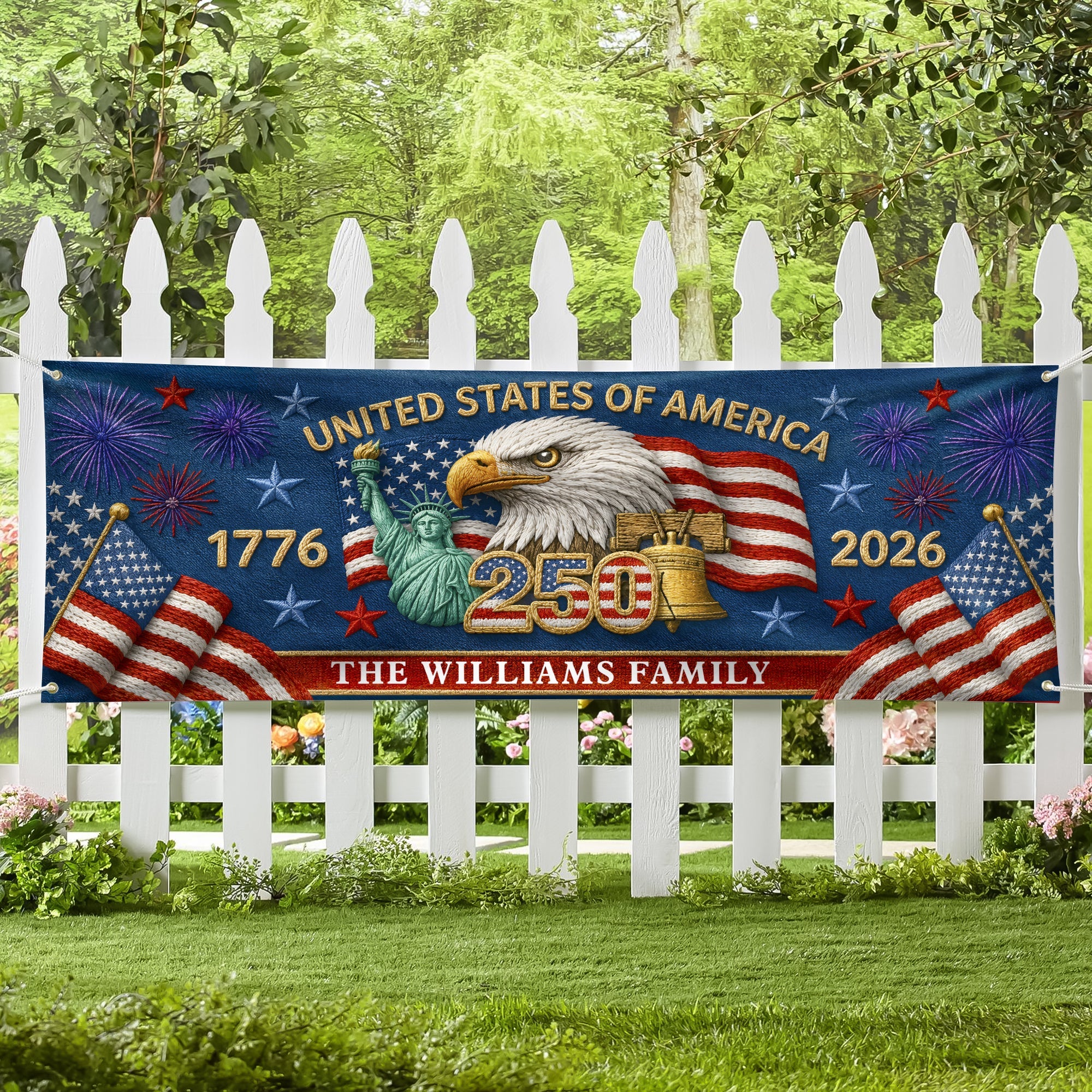 Custom Family Name 250th Birthday America Eagle Embroidered Effect Patriotic Party Banner LM32 669281