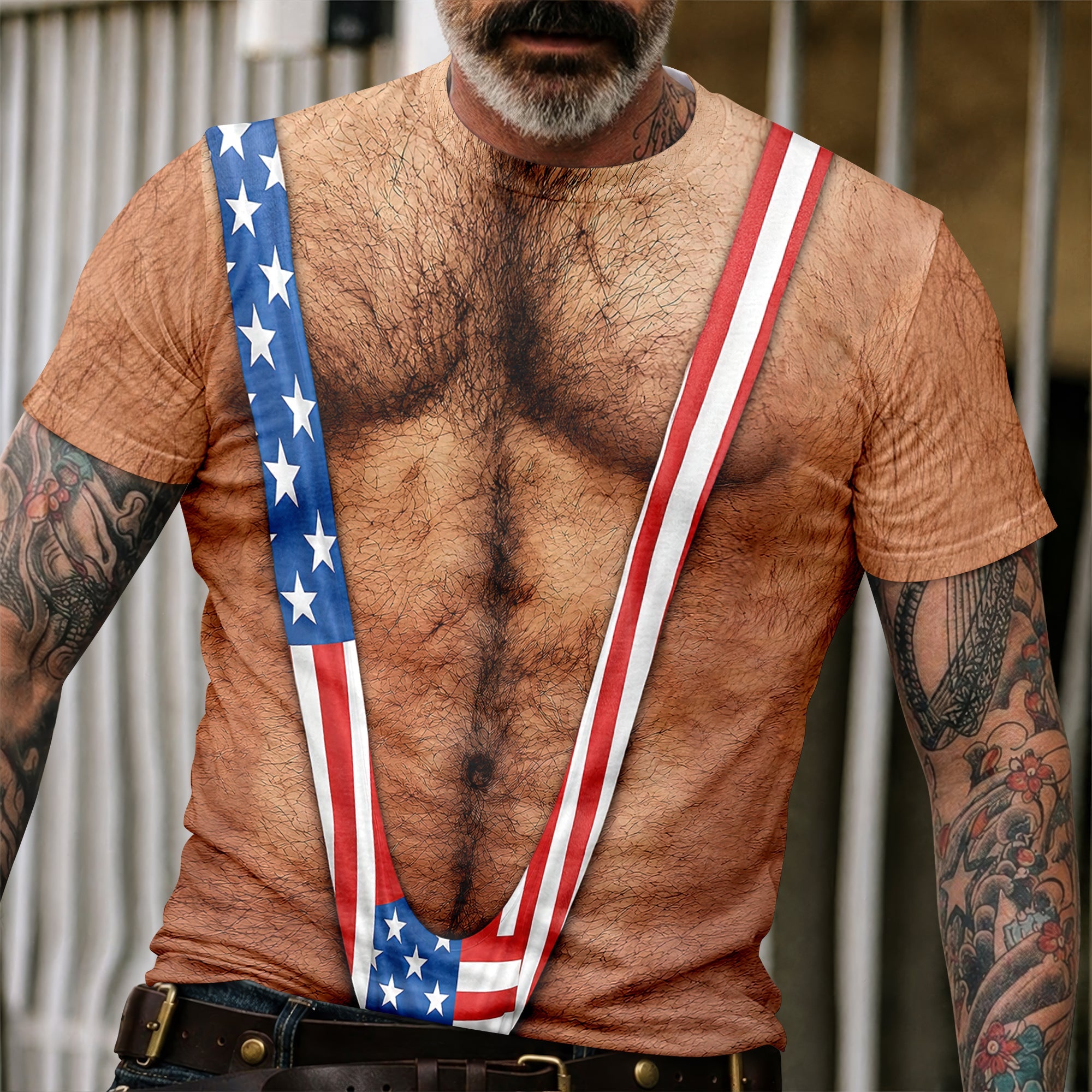 Hairy Body USA Flag Swimsuit 3D Shirt for Men, Funny Patriotic Mankini Tee HA75 921786