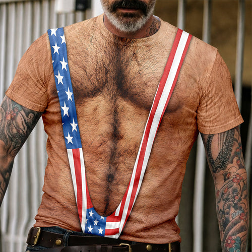 Hairy Body USA Flag Swimsuit 3D Shirt for Men, Funny Patriotic Mankini Tee HA75 921786