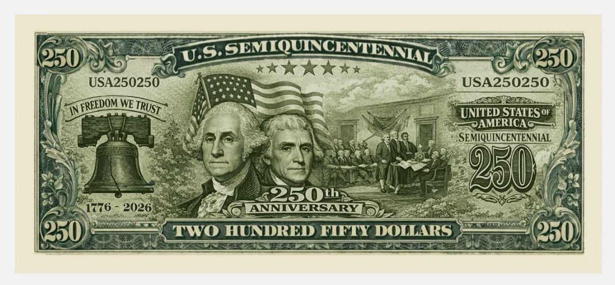 Pack of 20 – U.S. 250th Anniversary Semiquincentennial Commemorative Bills Funny 4th of July Gift CH07 911722