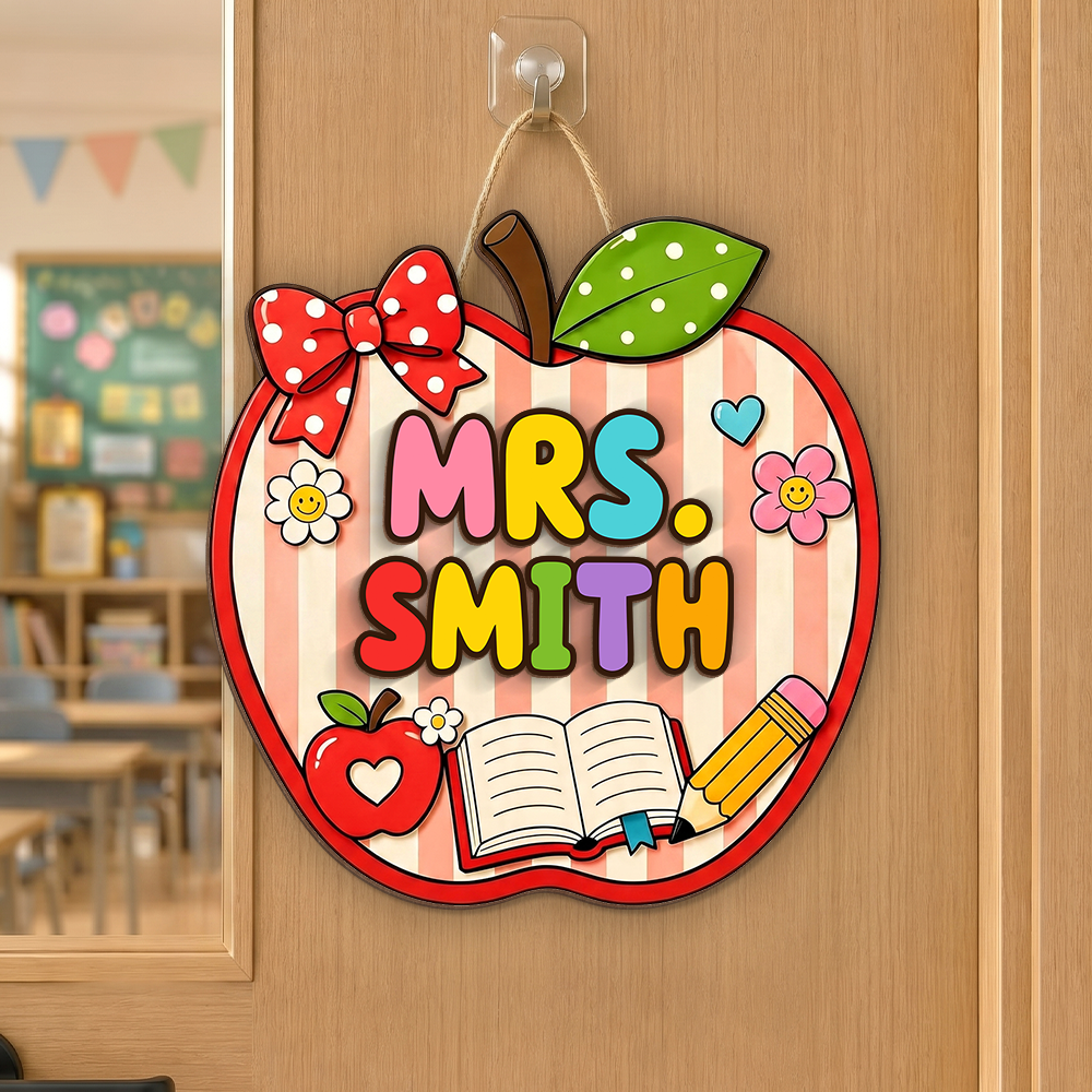 Personalized Apple Teacher Welcome Door Sign, Custom Name Classroom Door Hanger, Back to School Gift CH07 180038