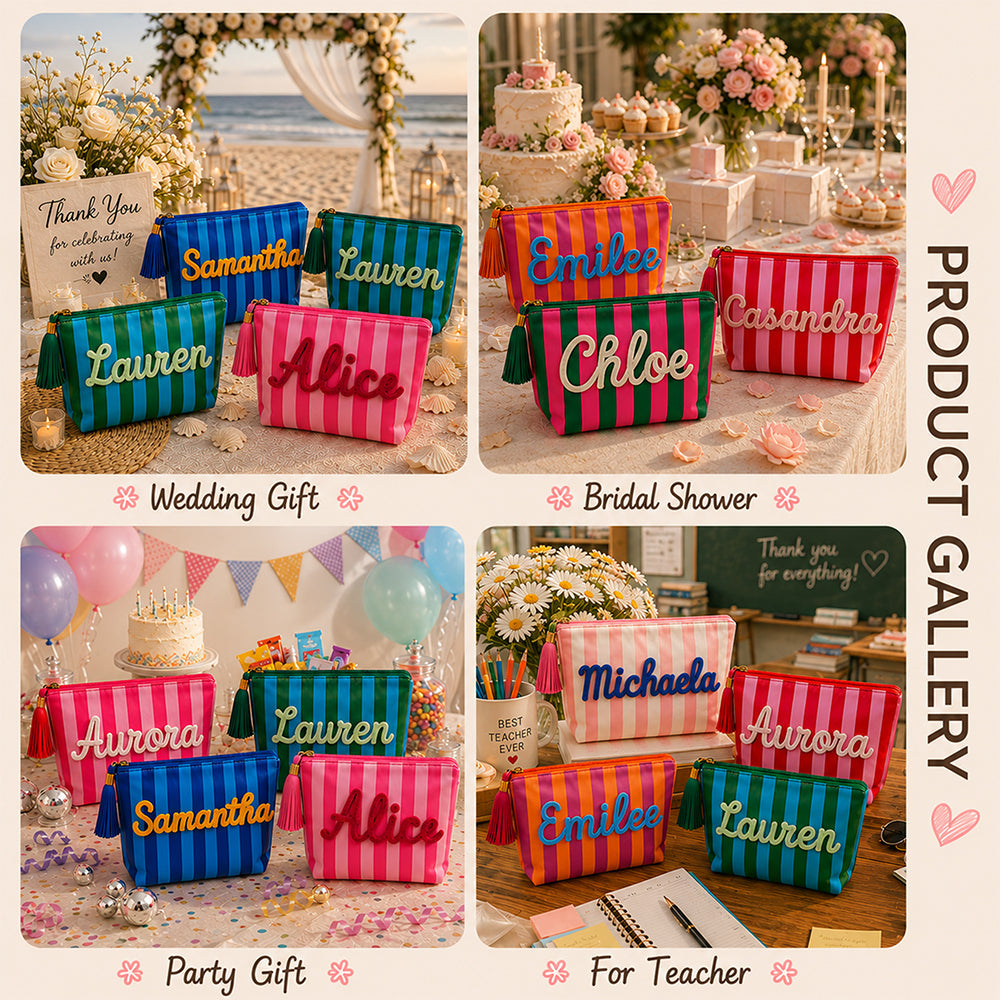 Custom Name Embroidered Waterproof Striped Cosmetic Pouch, Travel Makeup Bag For Summer Vacation CH07 180036
