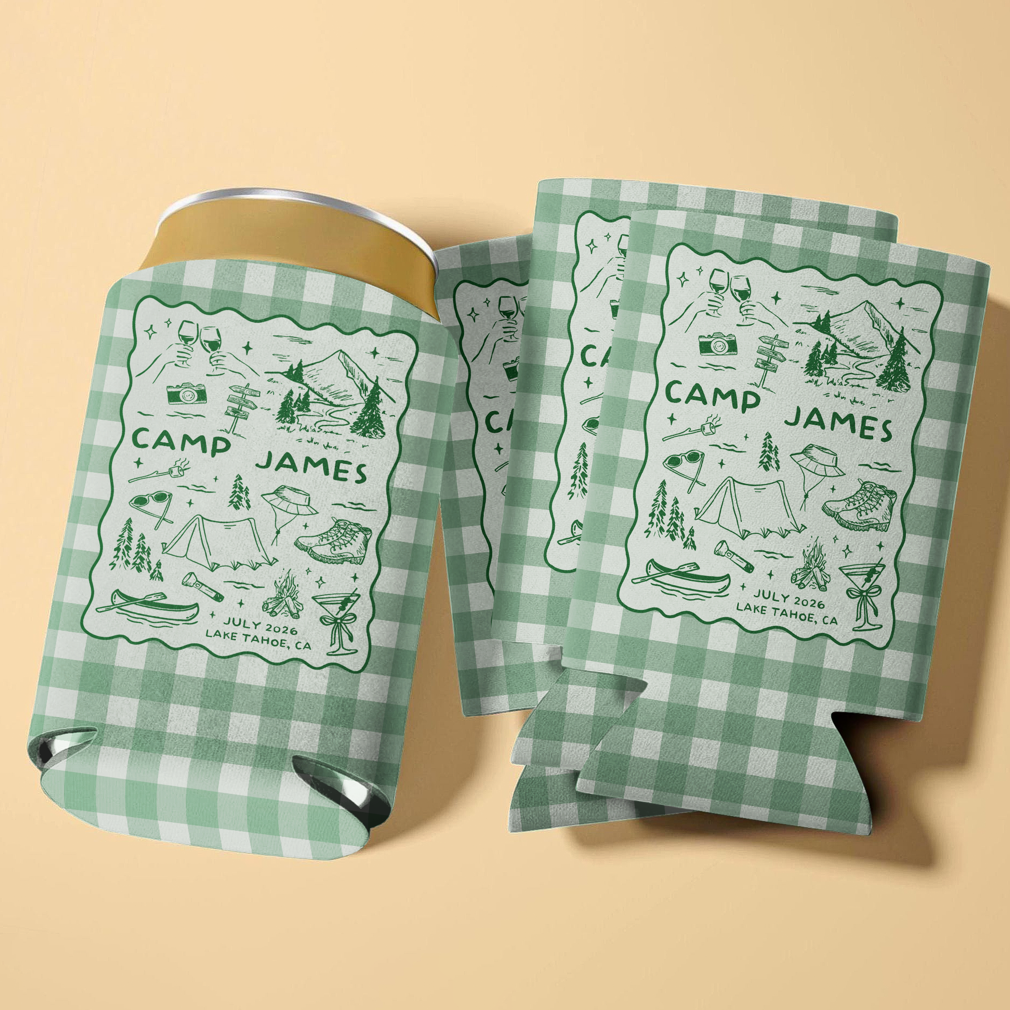 Custom Name Camp Bachelorette Can Cooler - Personalized Camping Party Favor HO82 902982