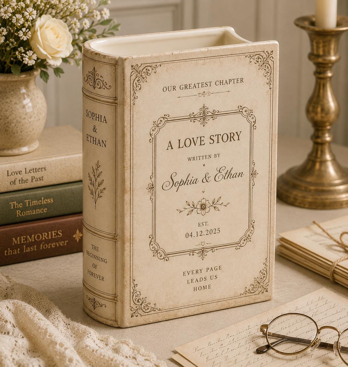 Custom Wedding A Love Story Toile De Jouy Ceramic Book Vase Bridal Shower Gift, Engagement Gift CH07 180122