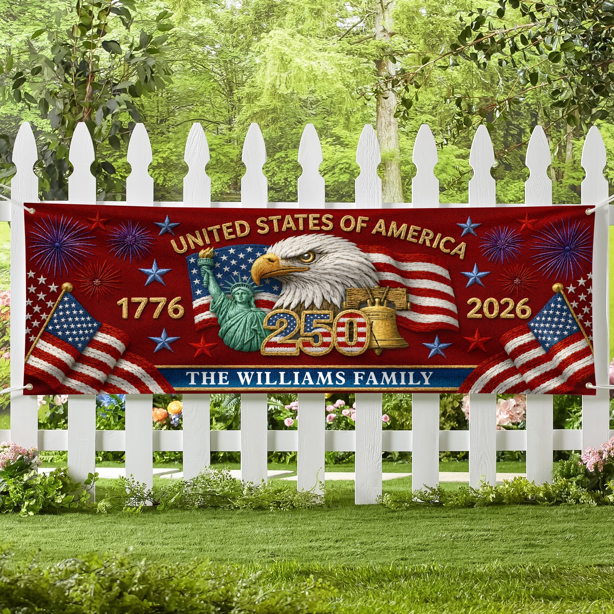 Custom Family Name 250th Birthday America Eagle Embroidered Effect Patriotic Party Banner LM32 669281