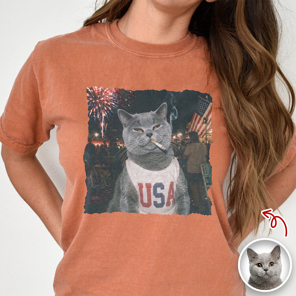 Custom Photo Funny Smoking Cat Comfort Shirt, Vintage 4th of July Gift CH07 911906