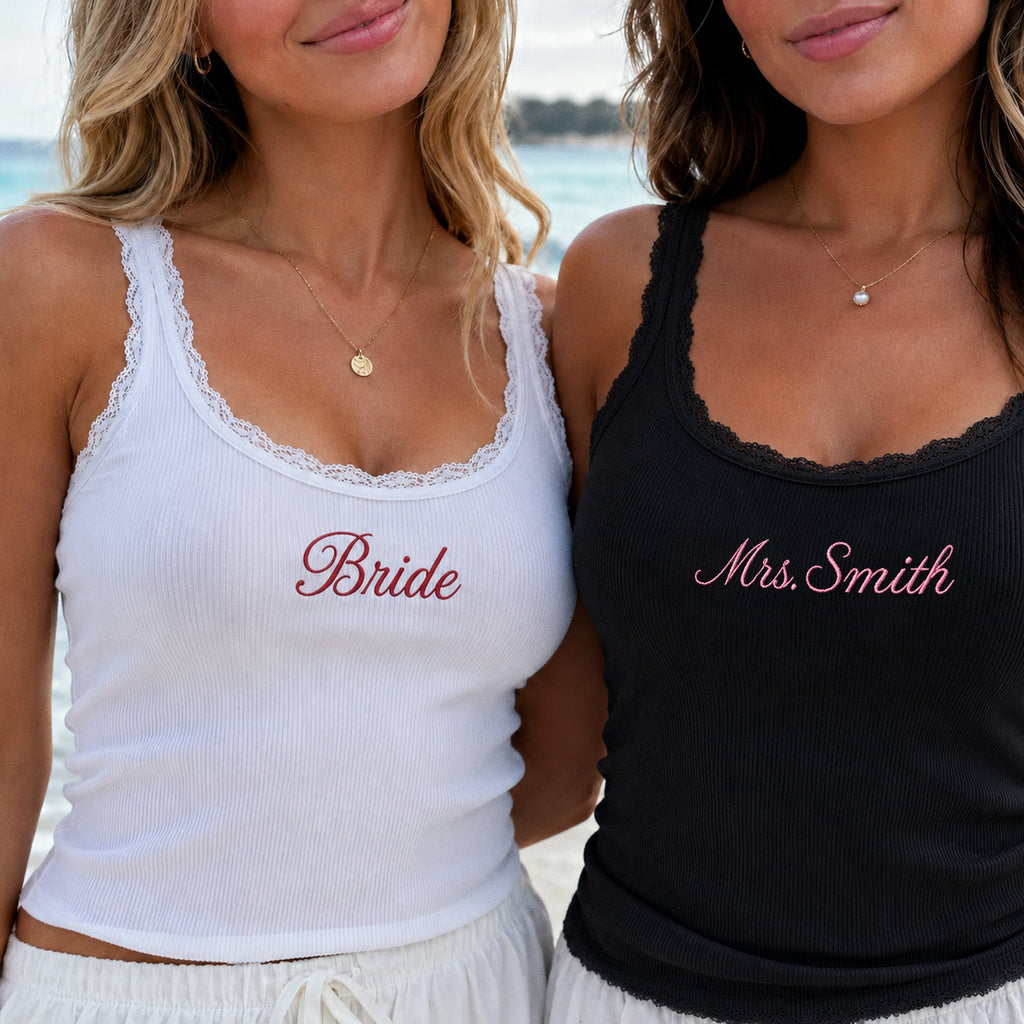 Personalized Embroidered Lace Tank Top, Custom Bridal Shower Gift, Engagement Gift Bachelorette Party, New Mrs. Tank CH07 911948