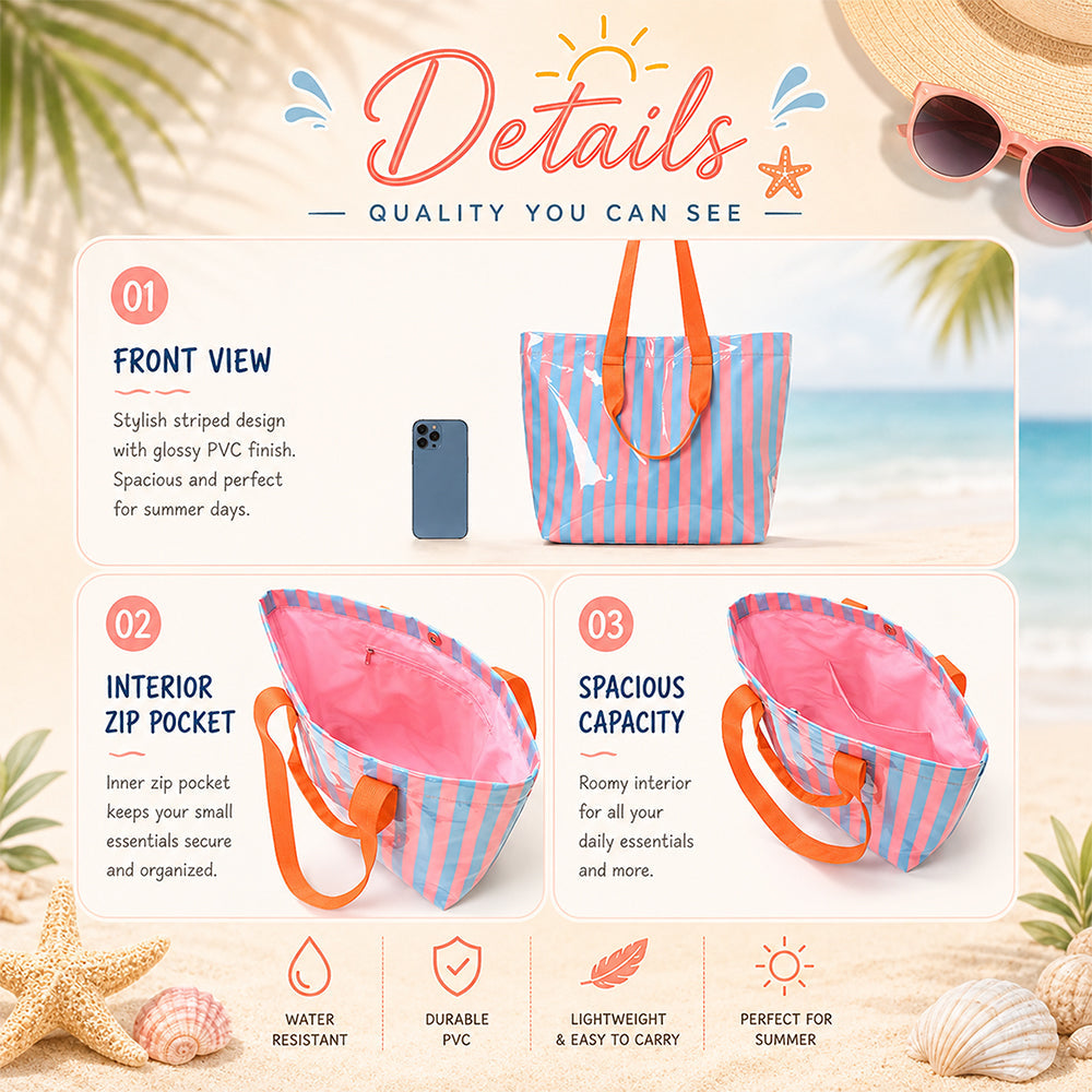 Custom Name Striped PVC Beach Tote Bag Personalized Summer Gift CH07 911862