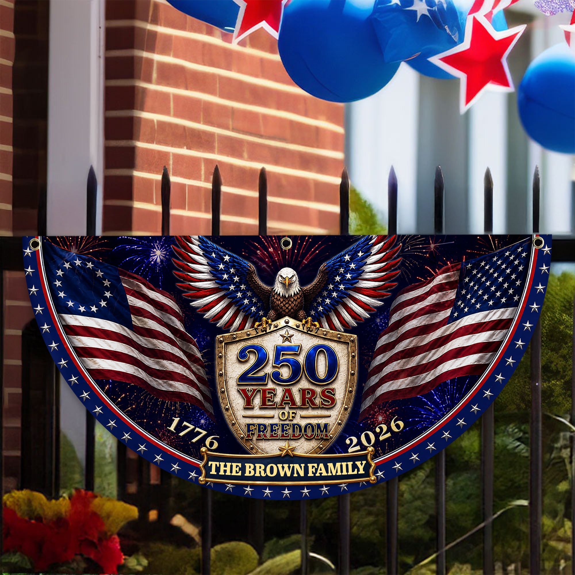Custom Family Name 250th Birthday Party Patriotic Shield Eagle Non-Pleated Fan Flag CH07 911692