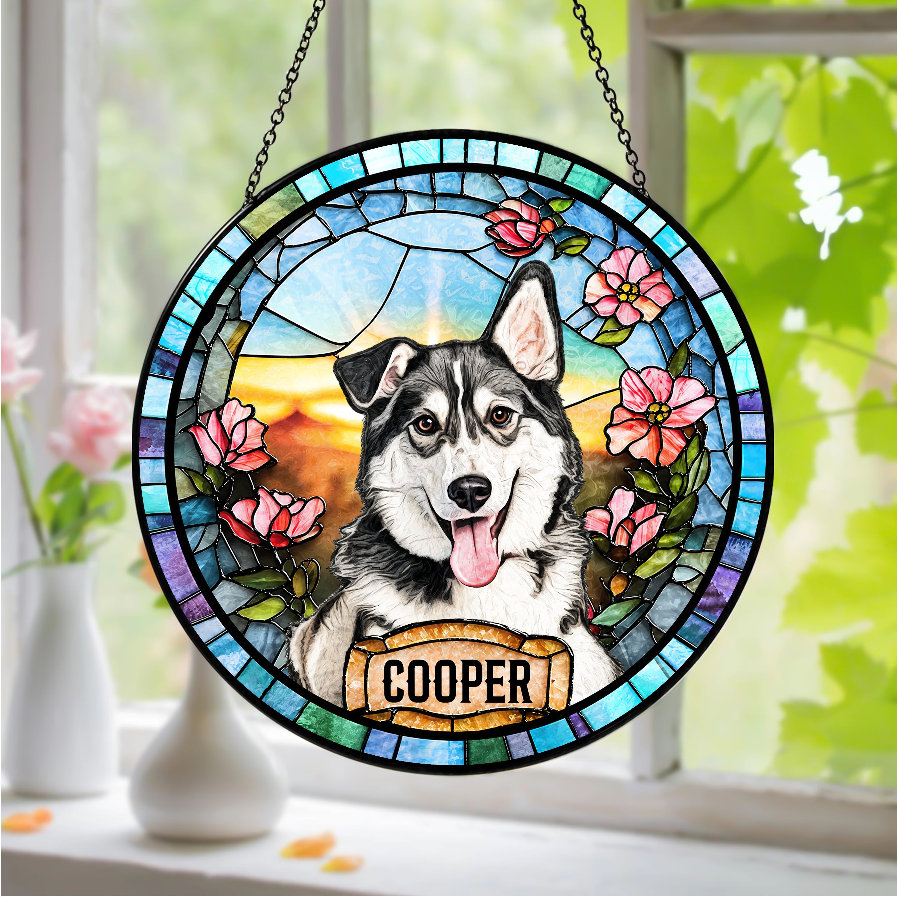 Personalized Dog Portrait Stained Glass Suncatcher, Custom Pet Memorial Stained Glass Photo Suncatcher HO82 903010