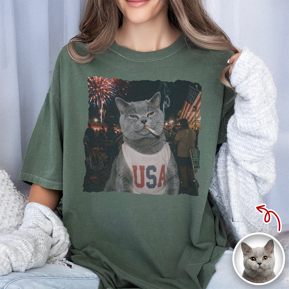 Custom Photo Funny Smoking Cat Comfort Shirt, Vintage 4th of July Gift CH07 911906