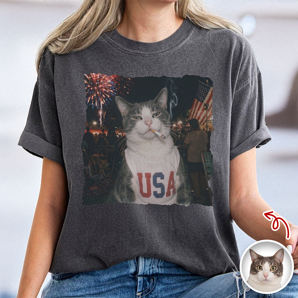 Custom Photo Funny Smoking Cat Comfort Shirt, Vintage 4th of July Gift CH07 911906