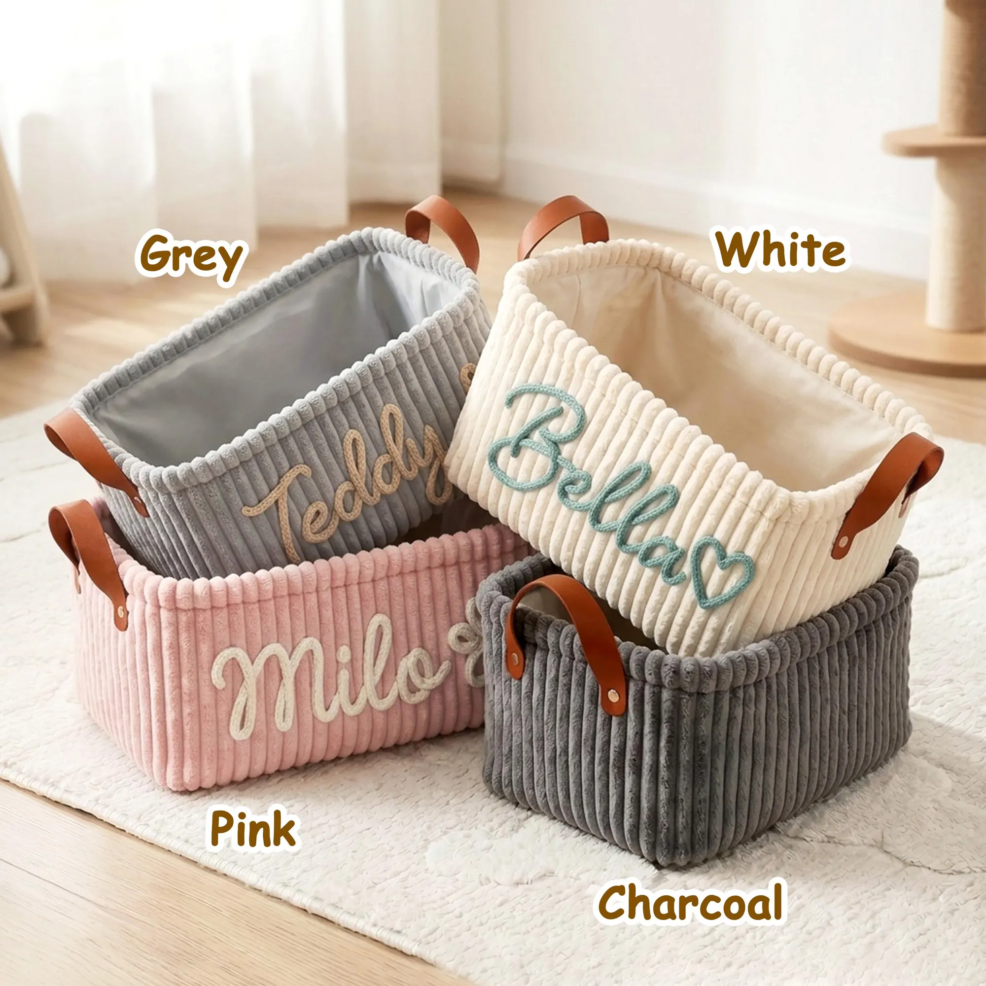 Personalized Dog Cat Pet Rectangle Toy Basket – Corduroy Pet Organizer with Name HA75 921704