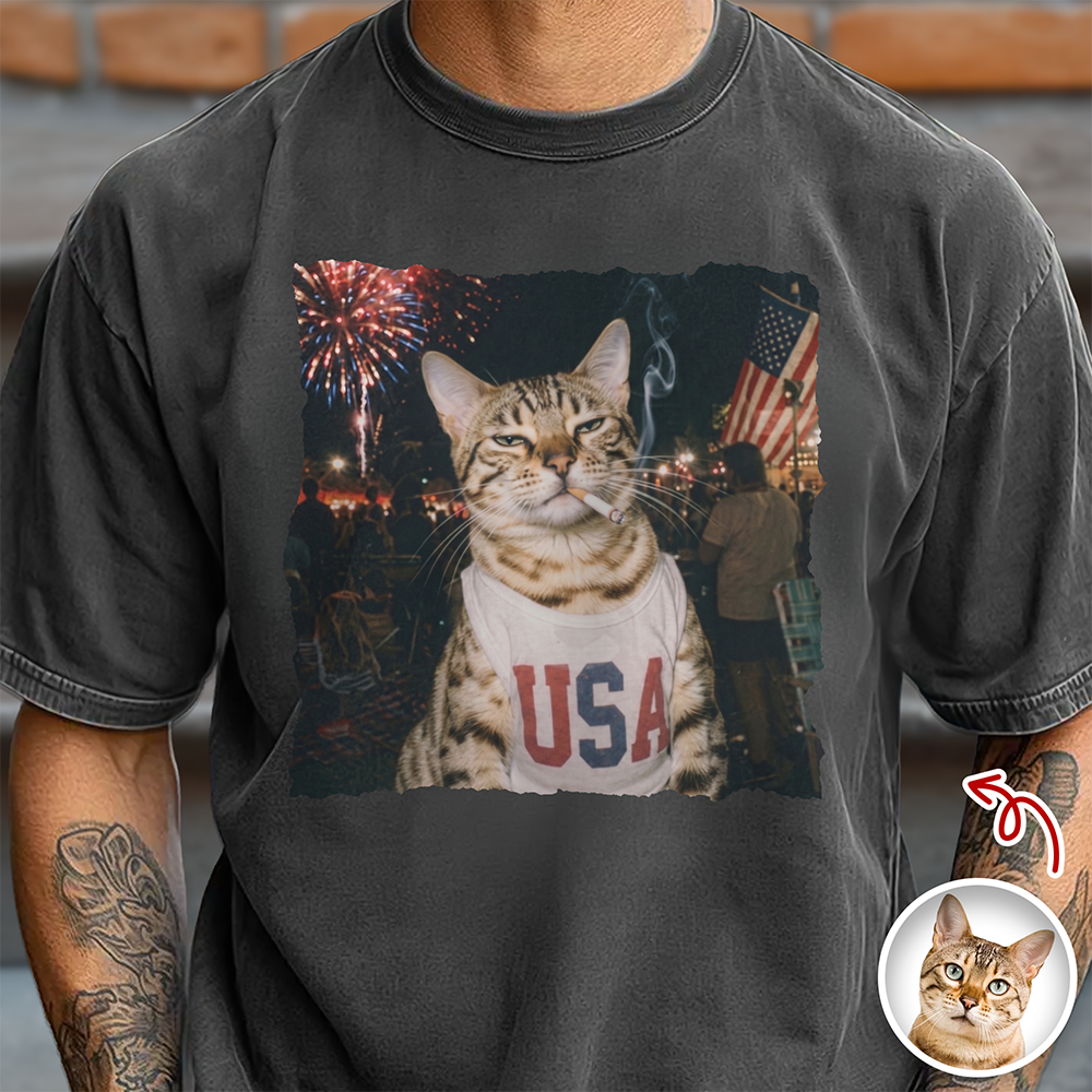 Custom Photo Funny Smoking Cat Comfort Shirt, Vintage 4th of July Gift CH07 911906