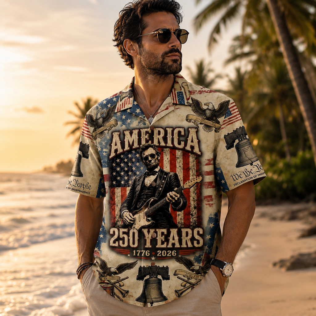 Abraham Lincoln Playing Guitar Rock and Roll American Flag Hawaii Shirt 1776-2026 USA Flag Hawaii Shirt CH07 911762
