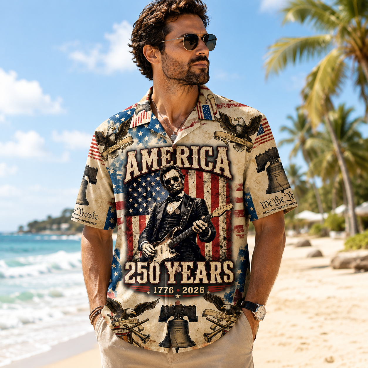 Abraham Lincoln Playing Guitar Rock and Roll American Flag Hawaii Shirt 1776-2026 USA Flag Hawaii Shirt CH07 911762