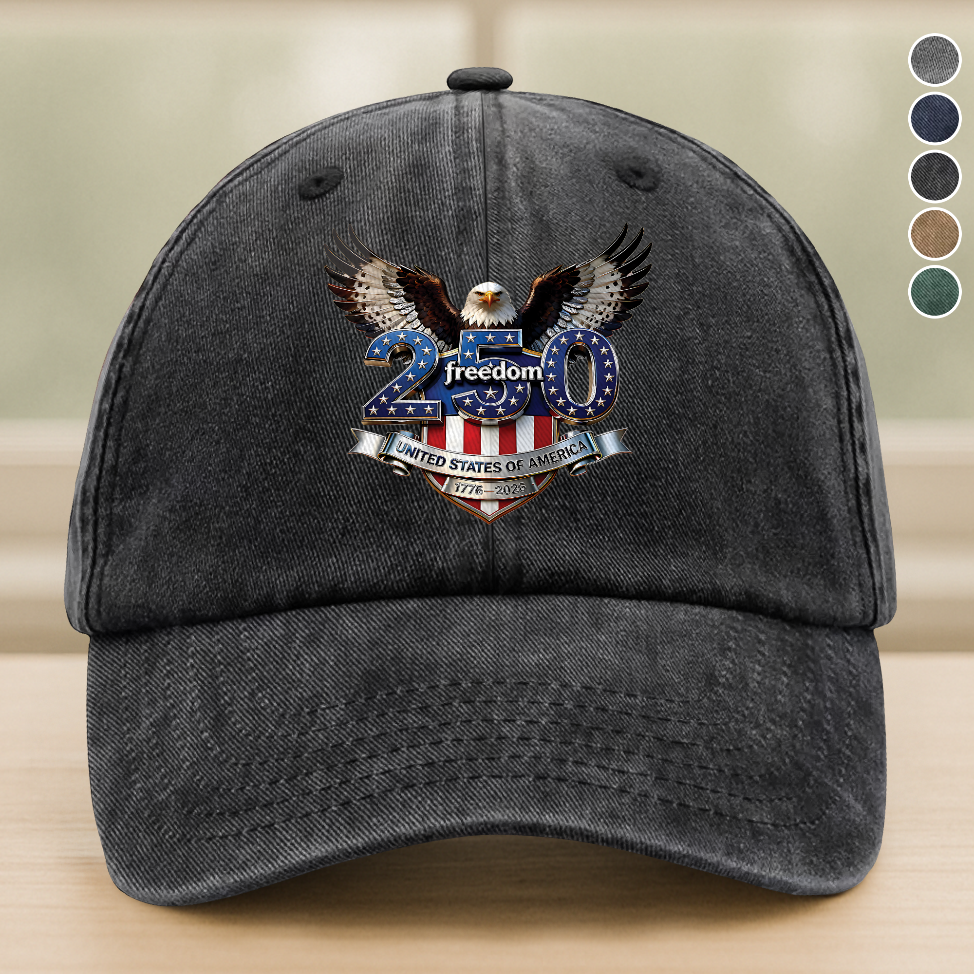 USA 250 Years Anniversary, Freedom Eagle 1776–2026 Washed Denim Baseball Cap HO82 902854