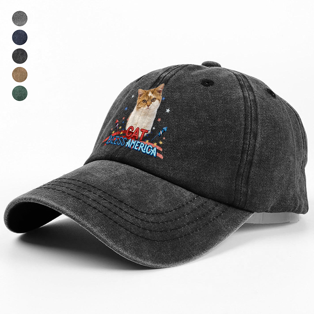 Custom Photo Dog Bless America Washed Denim Baseball Cap HO82 902846