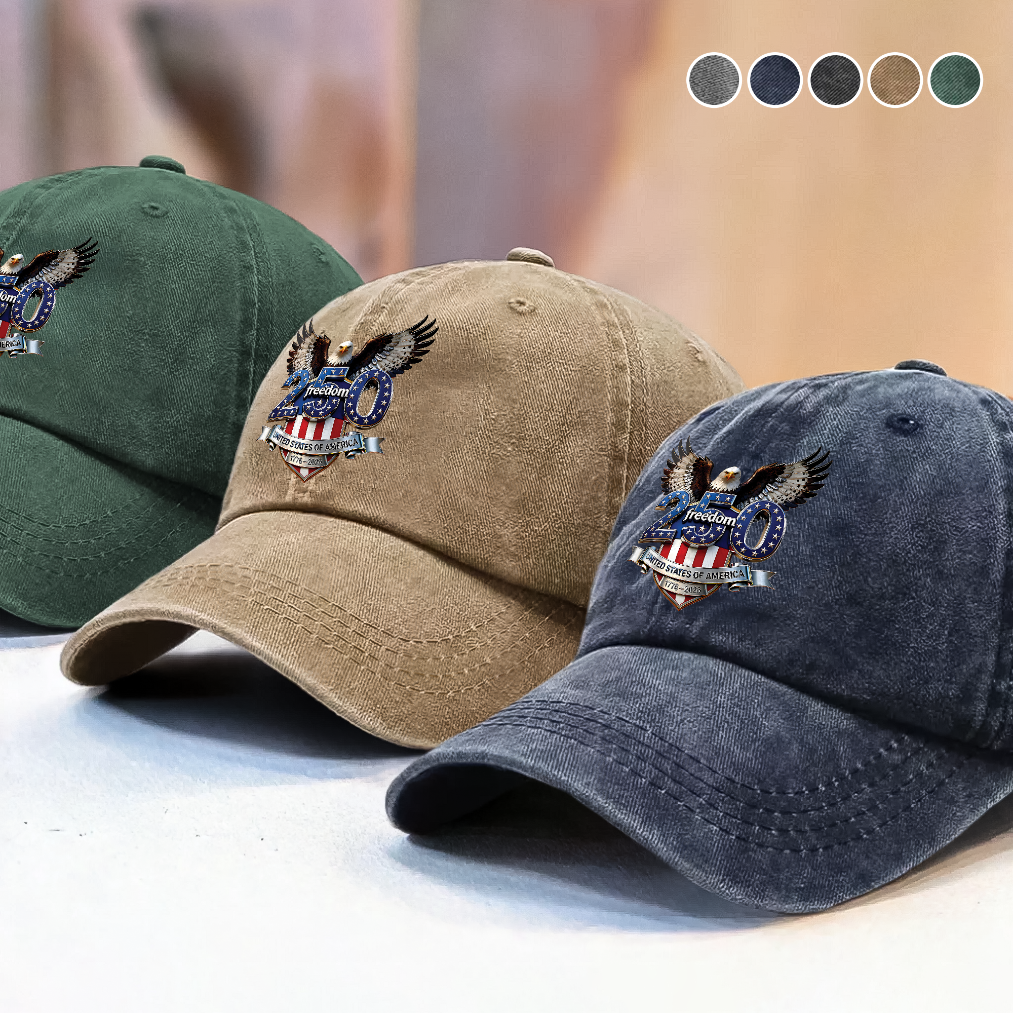 USA 250 Years Anniversary, Freedom Eagle 1776–2026 Washed Denim Baseball Cap HO82 902854