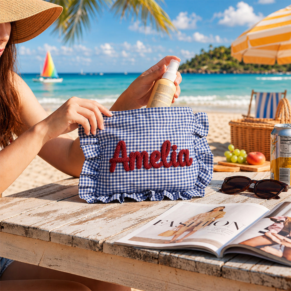 Custom Name Gingham Ruffle Cosmetic Bag - Personalized Gift for Her CH07 180034