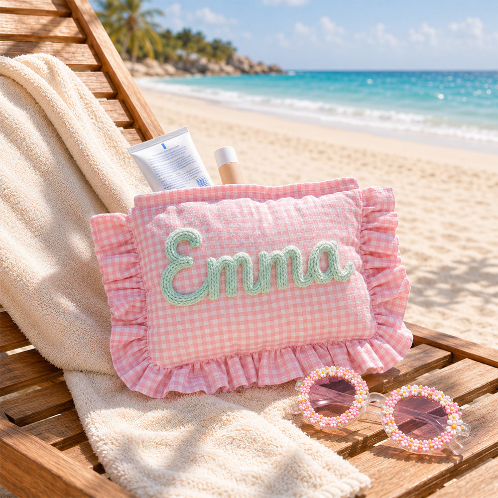 Custom Name Gingham Ruffle Cosmetic Bag - Personalized Gift for Her CH07 180034