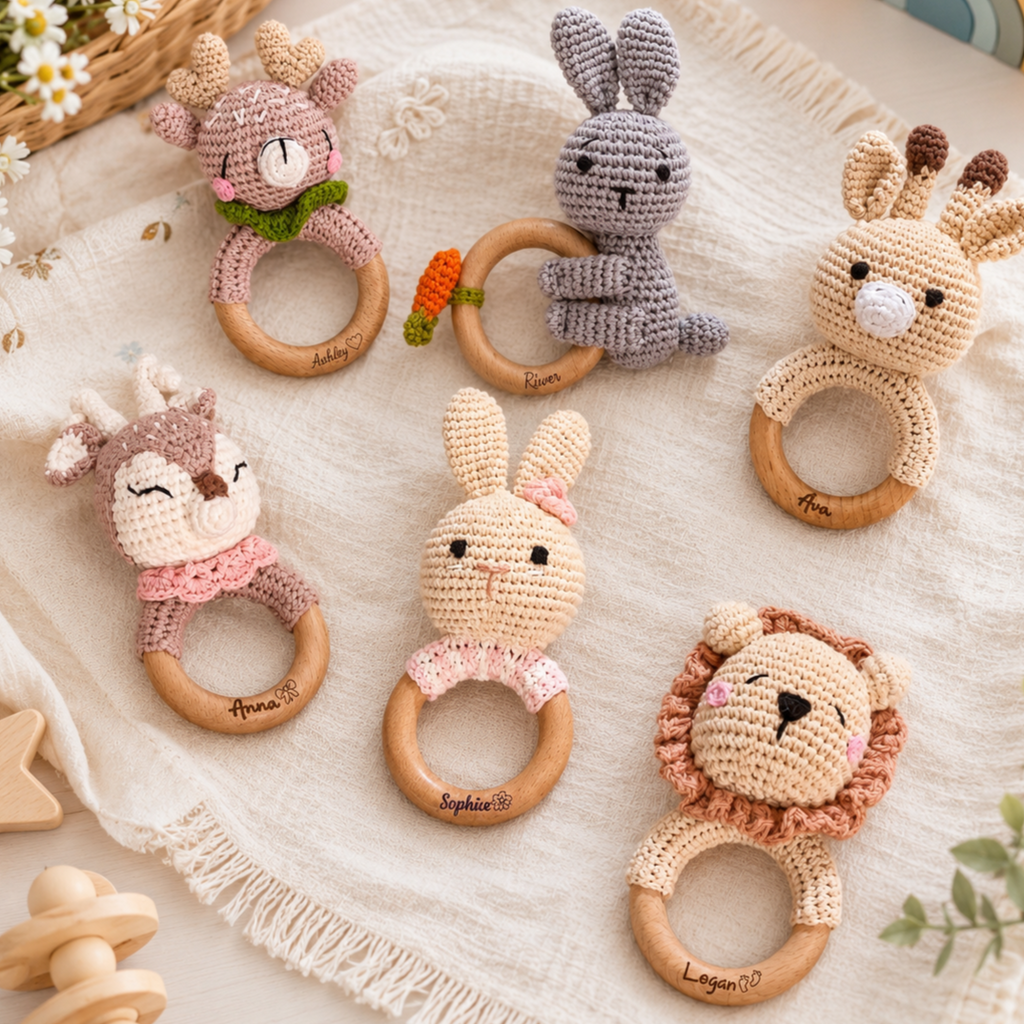 Custom Cute Bear Crochet Baby Rattle Toy with Name - Newborn Gift, Baby Shower Gift LM32 669453