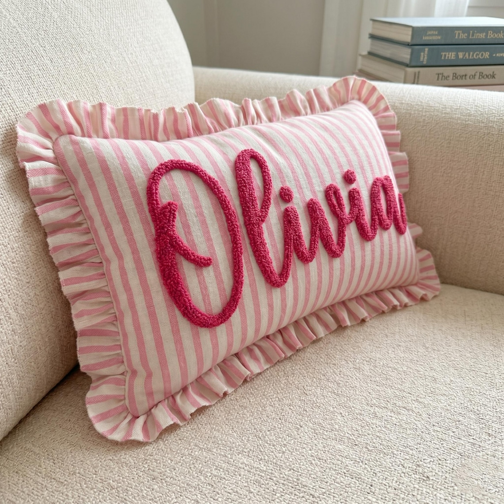 Personalized Striped Ruffled Punch Needle Throw Pillow: Embroidered Baby Name TH10 170319