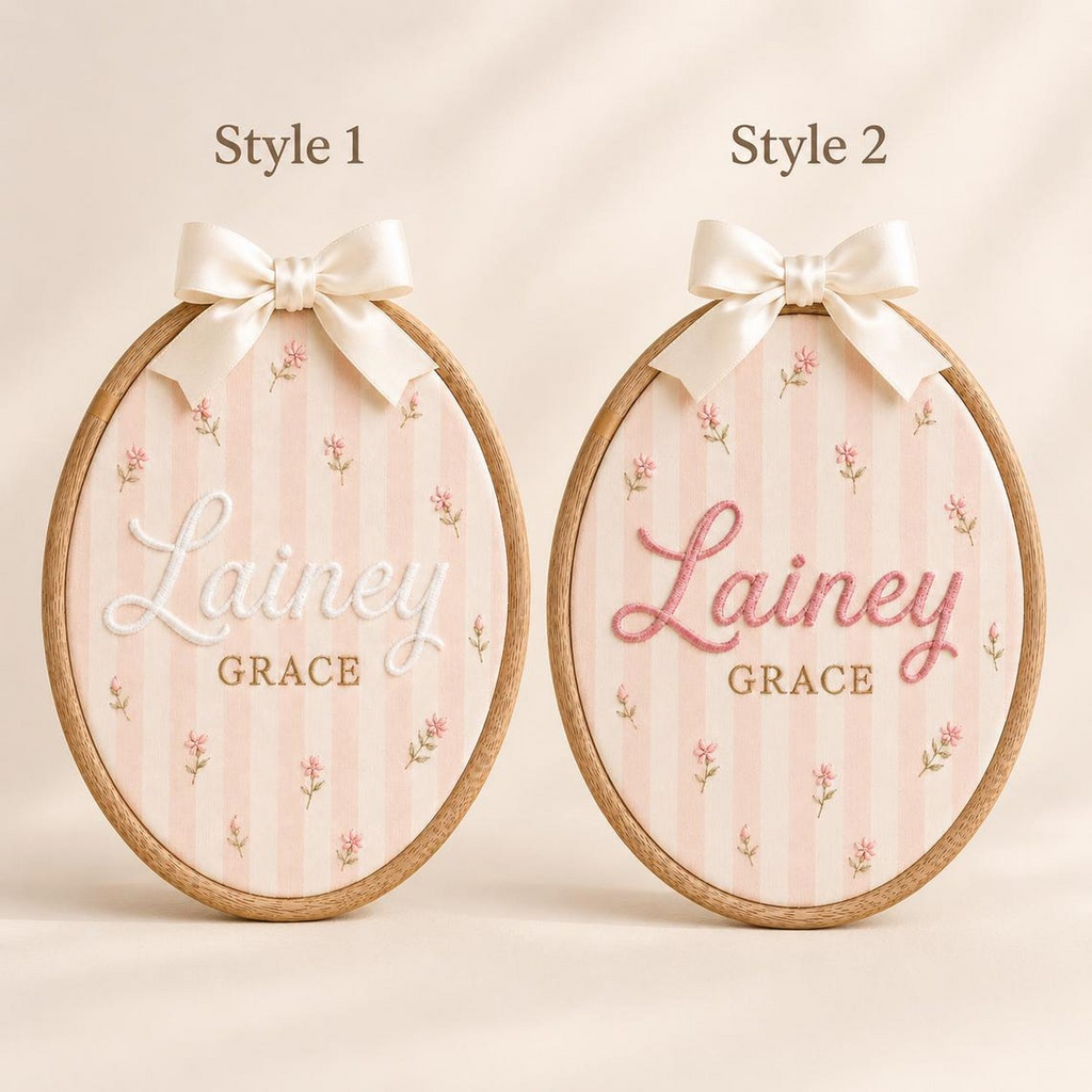 Personalized Pink Stripe Baby Name Hoop, Floral Embroidered Nursery Decor TH10 170435