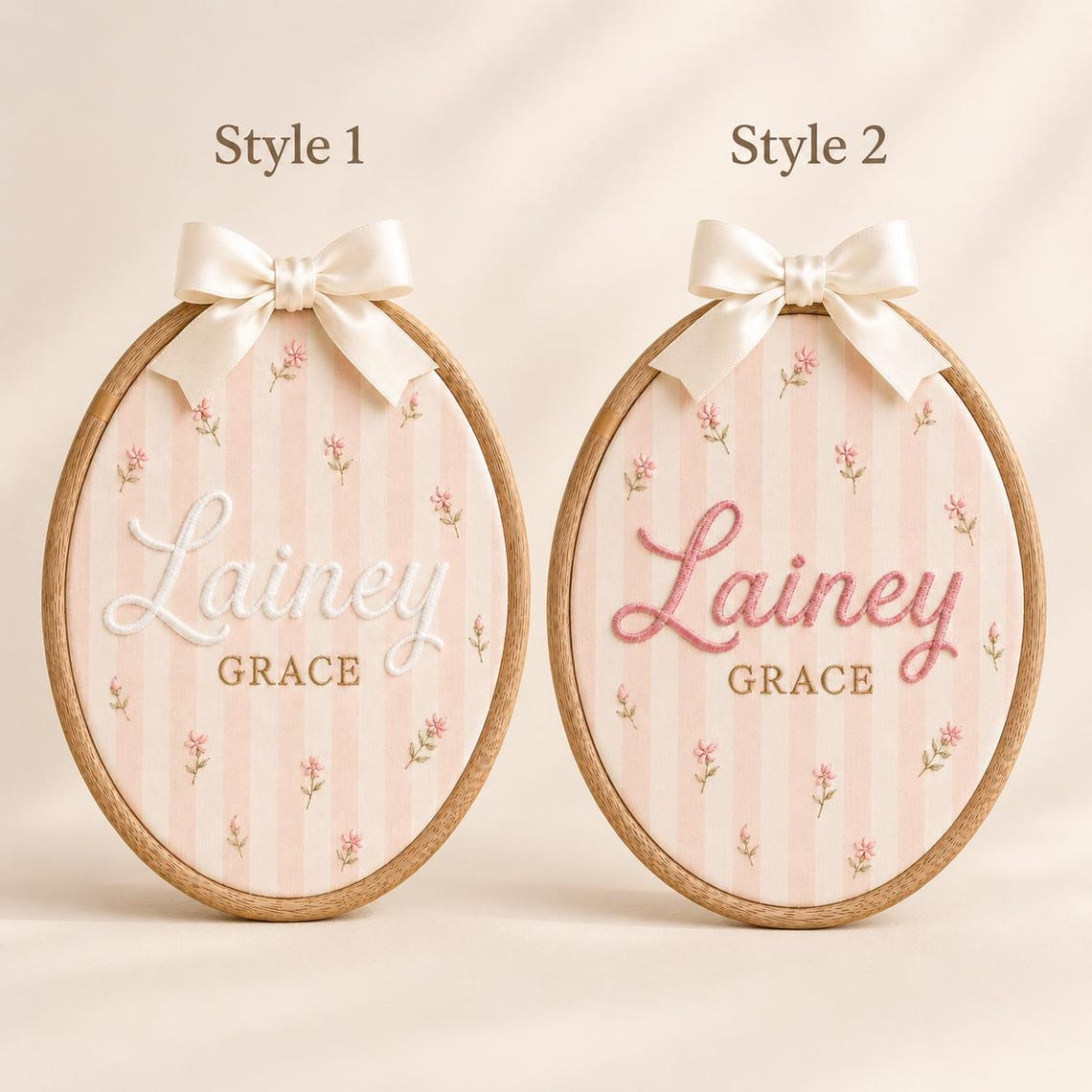 Personalized Pink Stripe Baby Name Hoop, Floral Embroidered Nursery Decor TH10 170435