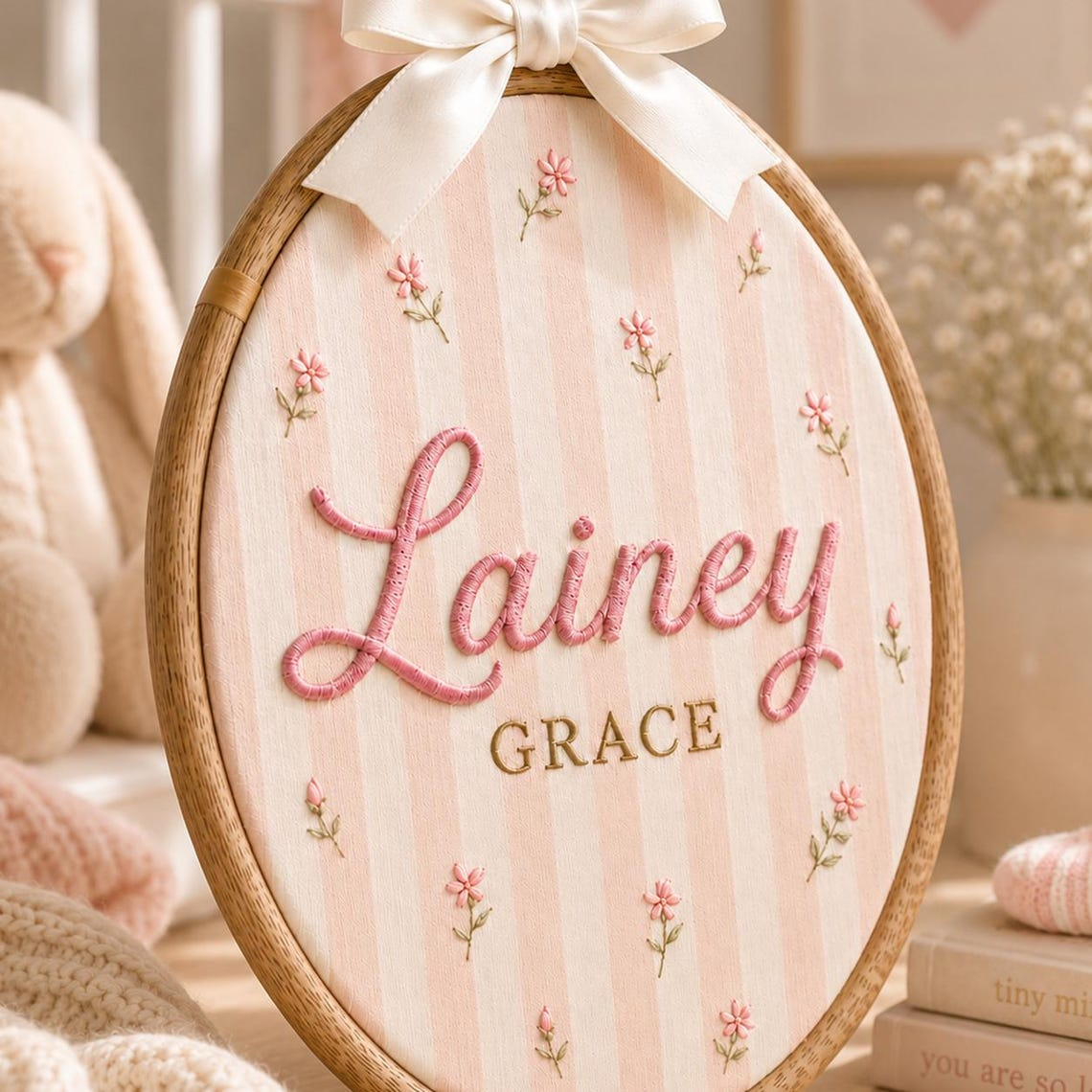 Personalized Pink Stripe Baby Name Hoop, Floral Embroidered Nursery Decor TH10 170435