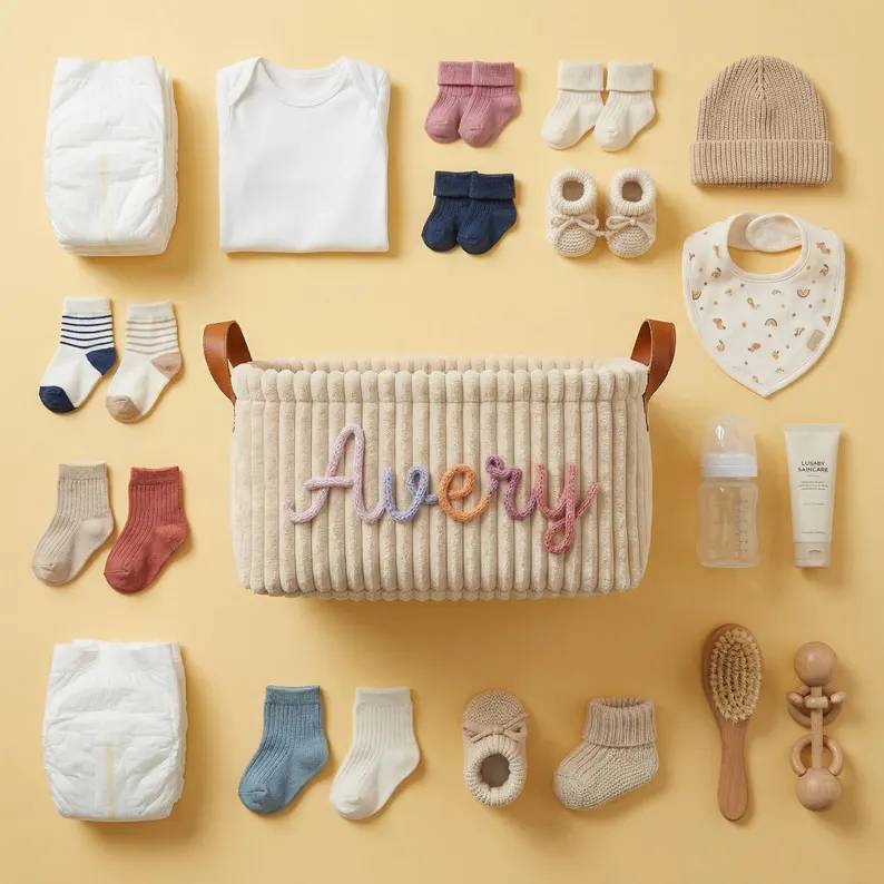 Personalized Embroidery Baby Storage Basket – Baby Shower Gift Knitted Wire Art HO82 903014