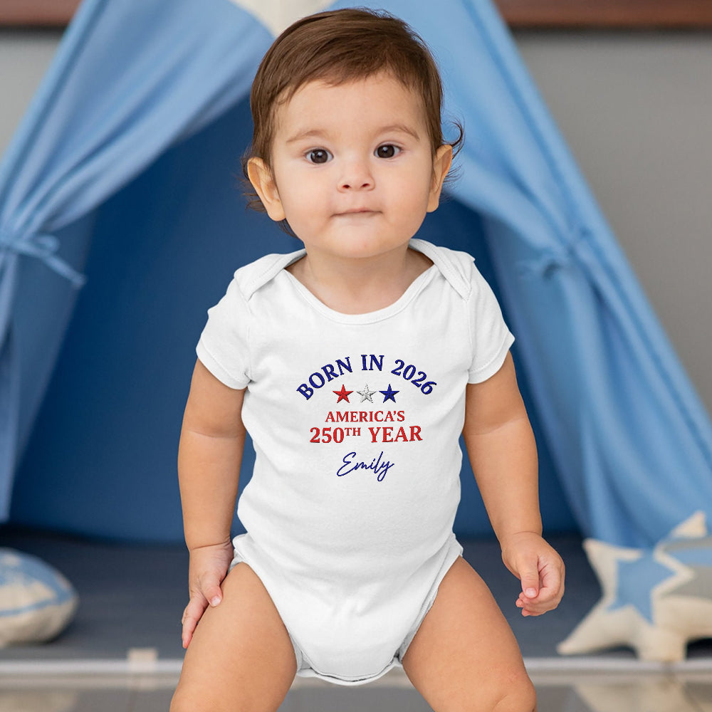 Custom Name Born in 2026 America’s 250th Year Embroidered Effect Baby Onesie LM32 669207